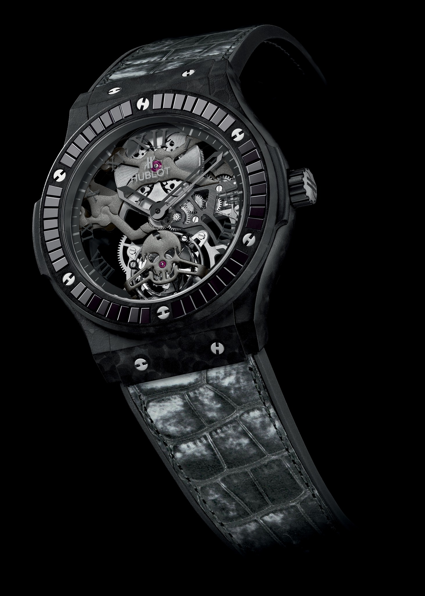 Replica Hublot 2014 New Classic Fusion Skeleton Tourbillon Skull Black Diamonds Black Ceramic-Coated Aluminium Replica Watch